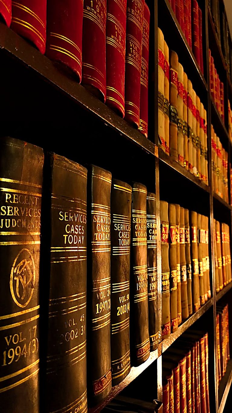 Rows of bound legal law reports and case volumes on office shelving