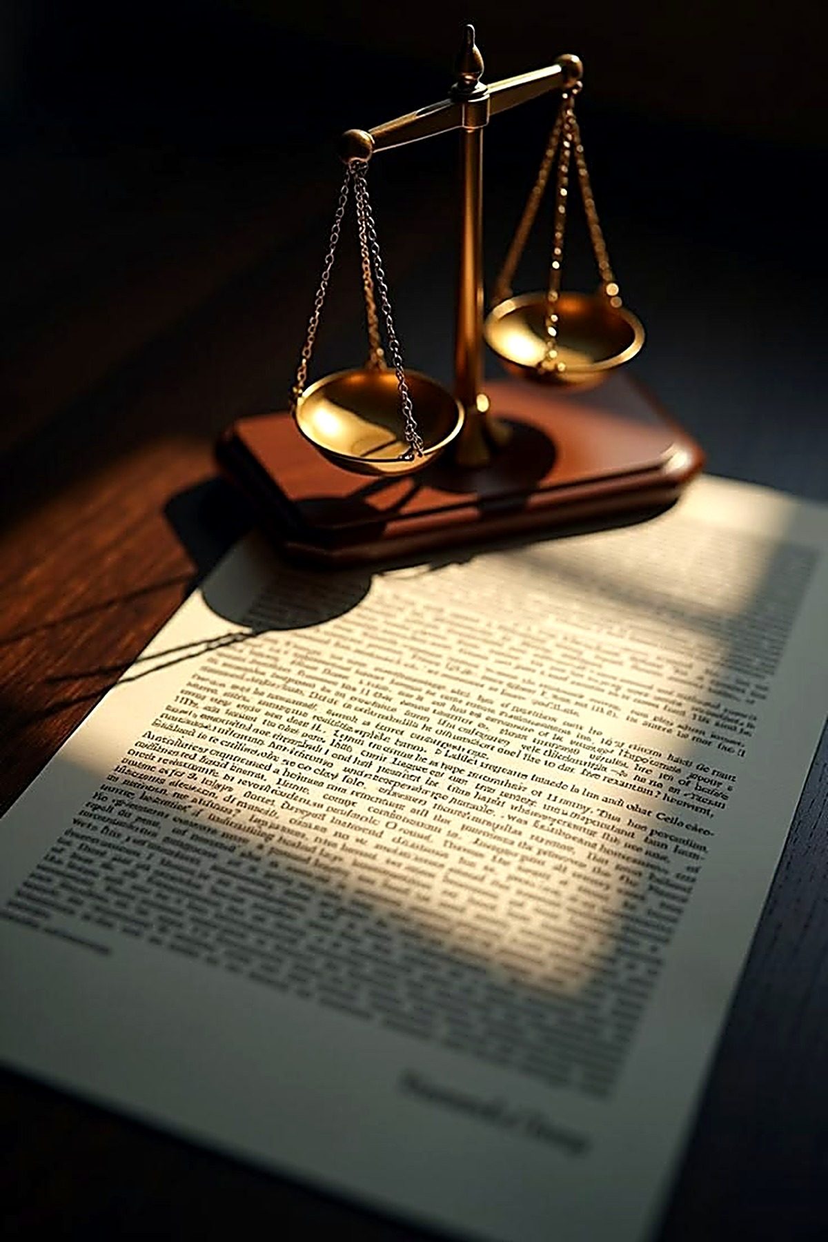 Scales of justice resting on a legal document, lit by a shaft of light