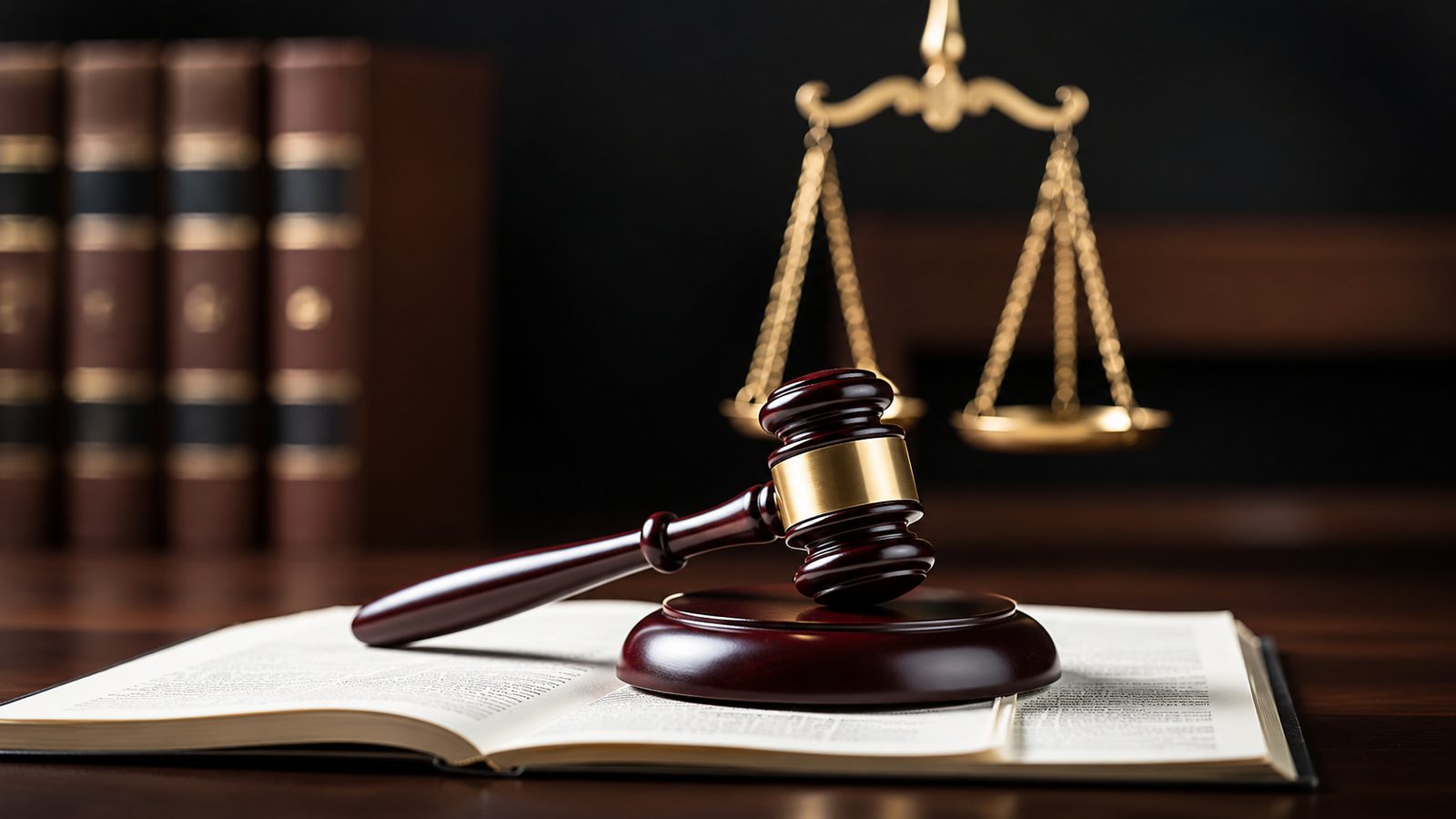 A gavel beside golden scales of justice on a legal book